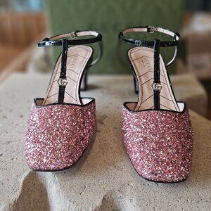 Gucci Pink Glitter Slingback Double G Pumps 55mm